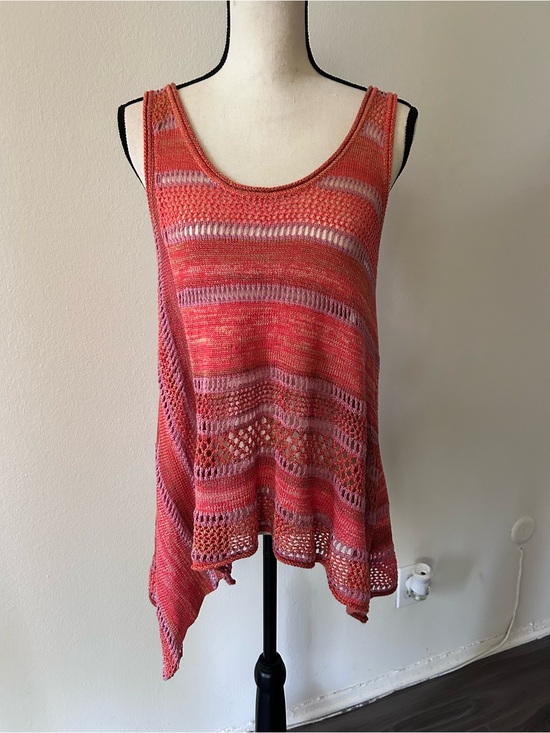 Free People Tops - Free People Boho Striped Knit Coral Blend Openwork Asymmetrical Hem Tank Medium